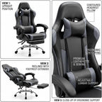 Racing E-Sports Gaming Chair - Ergonomic Grey PU Leather Computer Desk Chair with Footrest, High Back Recliner with Lumbar & Headrest Support, 360° Swivel for Home Office