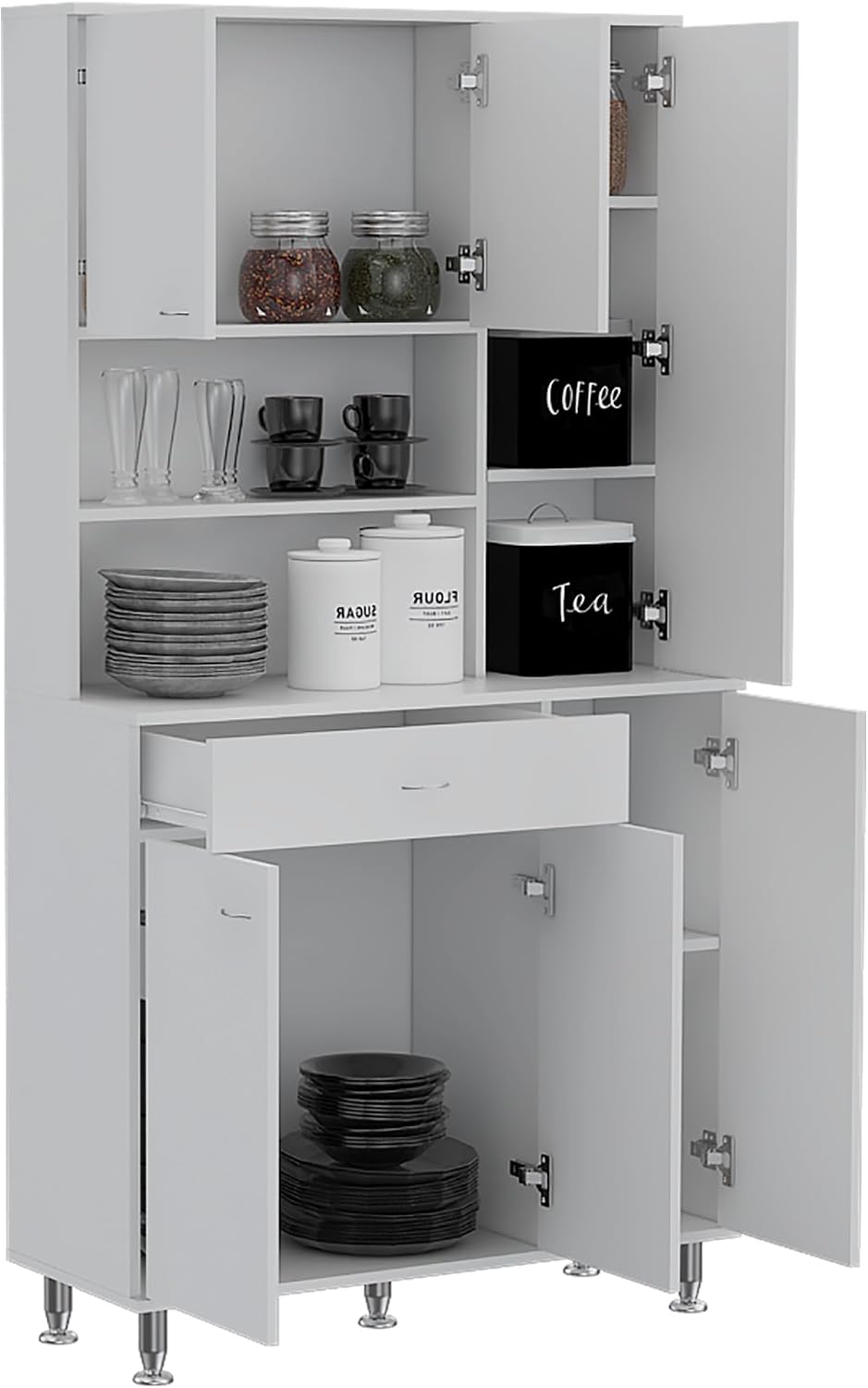 Della 90 Kitchen Pantry, One Drawer, Multiple Cabinets, Two Open Shelvess -White
