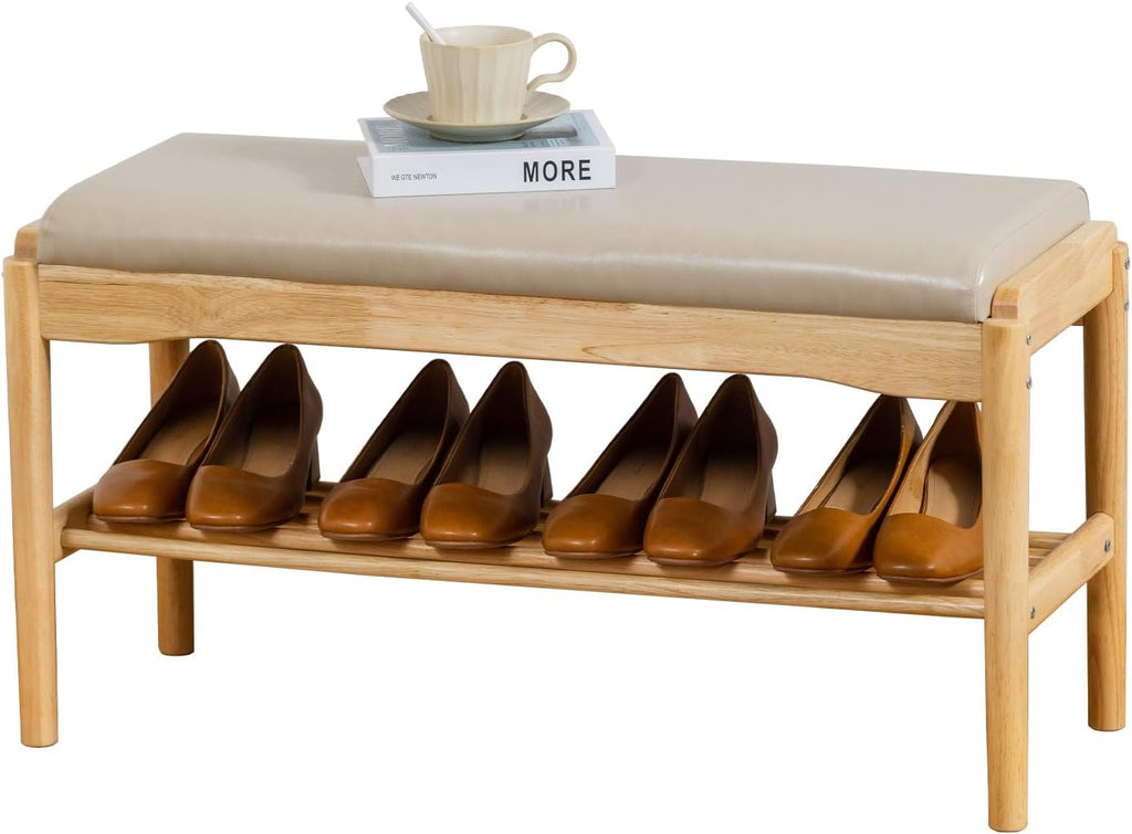 SOBIBO Entryway Shoe Bench with Cushioned Seat, 2-Tier Rubberwood Shoe Rack Storage Organizer for 8-12 Pairs, 31.5" Shoe Storage Bench (Beige & Natural Wood)