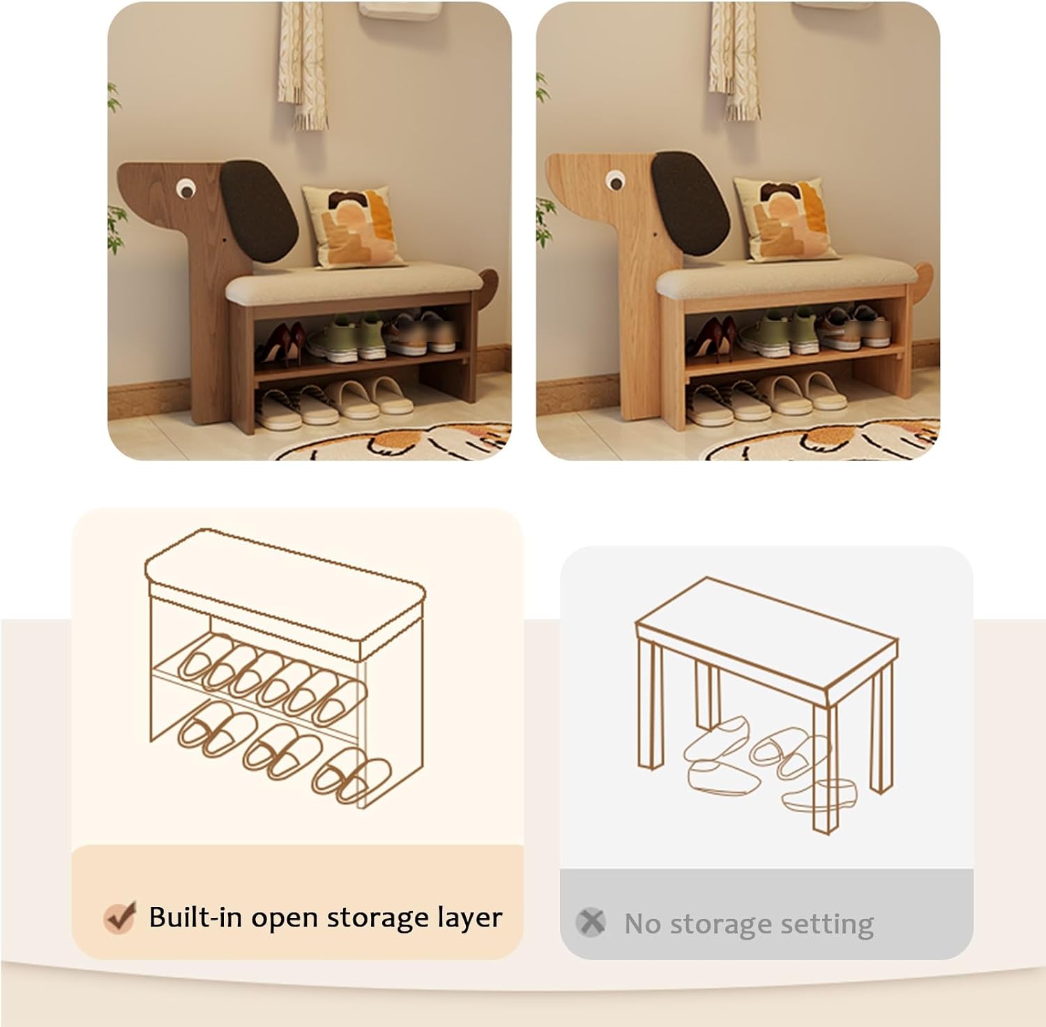 Wooden Shoe Bench with Cushion,shoe changing bench,Comfortable Padded Seat Cushion,shoe changing bench 77/88cm high x 32cm deep,Space Saving Stools,Easy to Assemble(Natural,A-60x42cm/23.6x16.5IN)