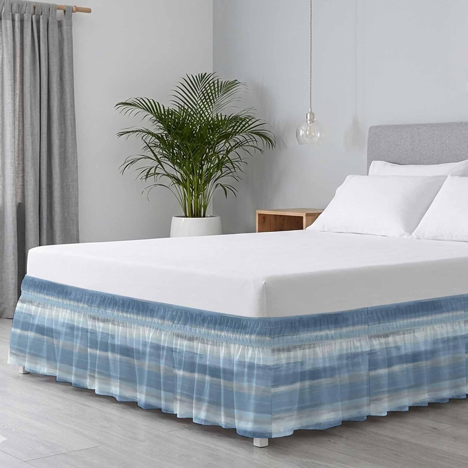 Gray Blue Ombre Bed Skirt King Size Bed Skirting 16 Inch Drop Adjustable Elastic Dust Ruffles Wrap Around Bedskirt Pleated Modern Abstract Watercolor Stripes Bedding Frame Cover for King Size Dorm