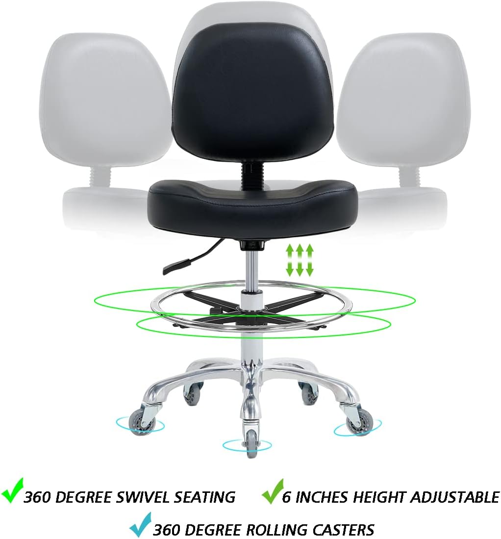 Ainilaily Drafting Chair Tall Office Chair for Standing Desk - Shop Stool with Backrest, Esthetician Drafting Stool with Wheels,Counter Height Chair for Studio, Workbench (Black, with Foot Rest)