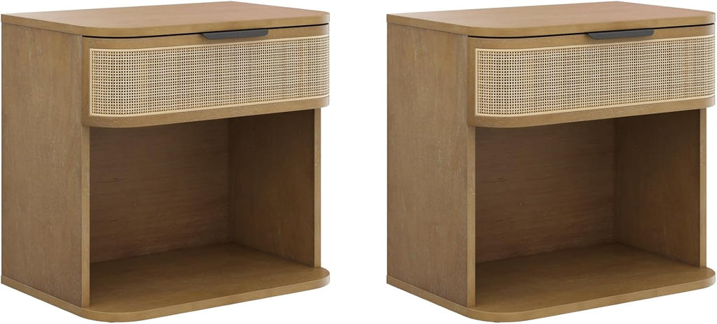 Nathan James Keith Farmhouse Bedside Table, Modern Coastal Nightstand, Rattan Nightstand with 1 Drawer for Bedroom, Light Brown Set of 2