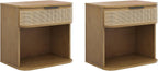 Nathan James Keith Farmhouse Bedside Table, Modern Coastal Nightstand, Rattan Nightstand with 1 Drawer for Bedroom, Light Brown Set of 2