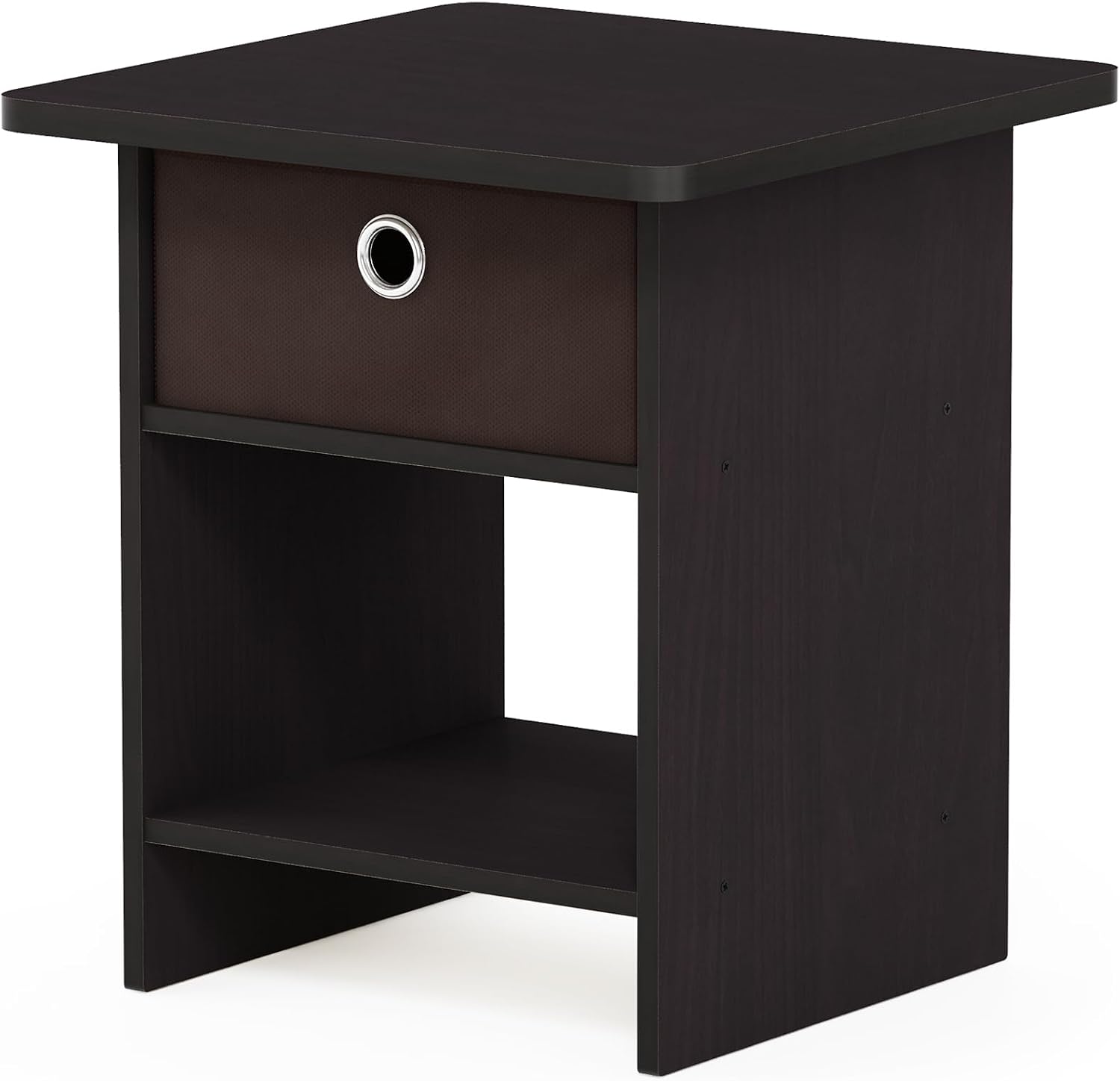 Furinno Dario Side Table with Bin Drawer, Black End Table with Open Shelves, Night Stand, Bedside Table for Living Room, Bedroom, Home Office, Dark Mocha