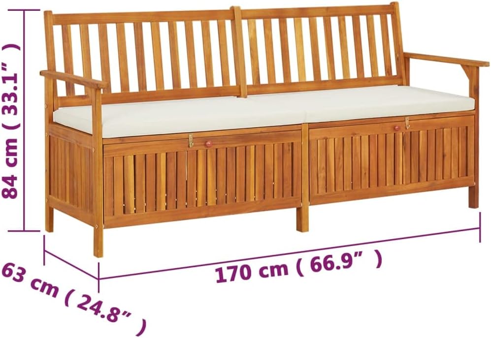 Brown, Cream White Solid Acacia Wood Storage Bench, 67x67x33.1 in, 100% Polyester Fabric, Rustic Outdoor Patio Garden Seating, Entryway Bench Seating