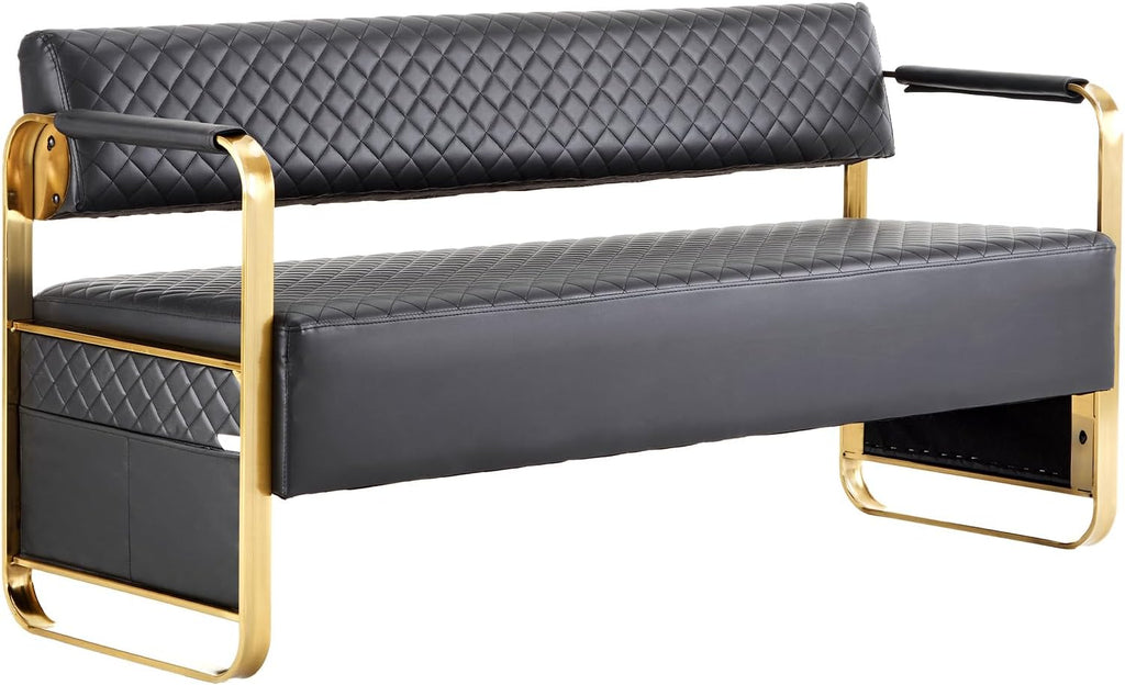 OmySalon Waiting Room Chairs with Arms, 57.5’’ Office Guest Chair upholstered Bench Seating, Reception Furniture for Beauty Salon Barbershop Airport Bank Hall Room Conference, Black&Gold