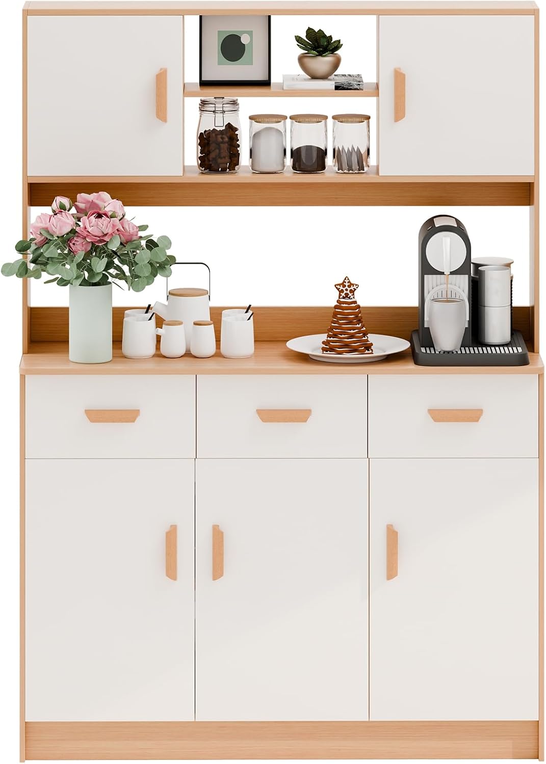 Storage Cabinet, Kitchen Pantry Storage Cabinet, Drawer and Adjustable Shelves with Buffet Cupboard, Microwave Stand for Kitchen, Living Room, Dining Room Wooden Color