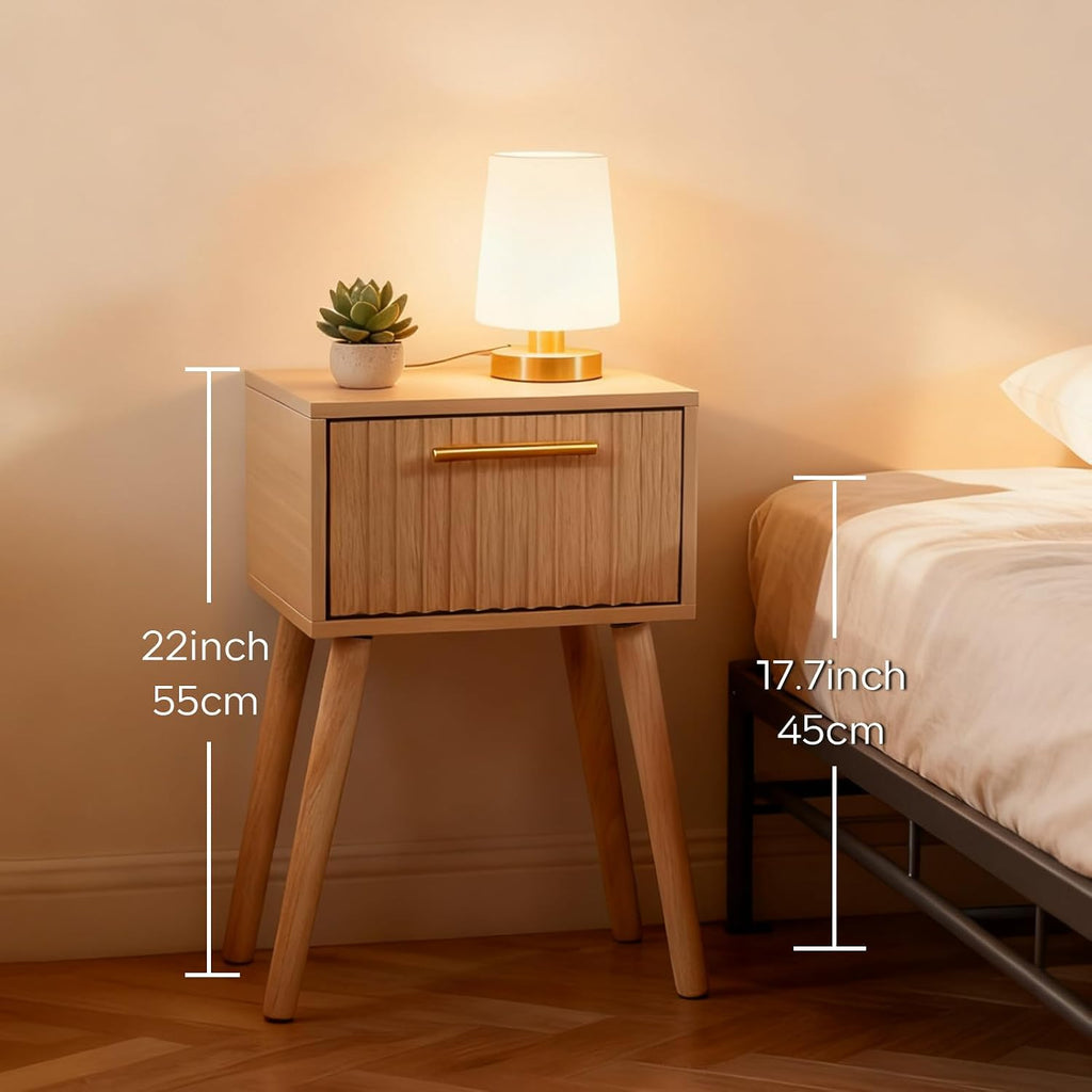 Kerry Small Fluted Nightstand, Bedside Table for Small Space, Modern End Table with Storage Drawer for Living Room, Bedroom, Solid Wood Feet, MDF, Wooden, Two Pack