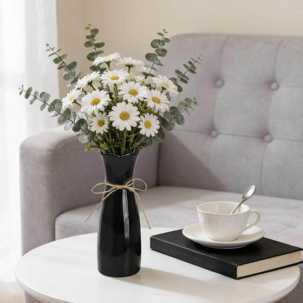 Small Vase Black Ceramic Jute Rope Simple Vases for Home Decor Minimalist Modern Flower Vase Elegant Decorative Glossy Vase for Pampas Grass, Office, Living Room, Mantel and Bedroom Décor