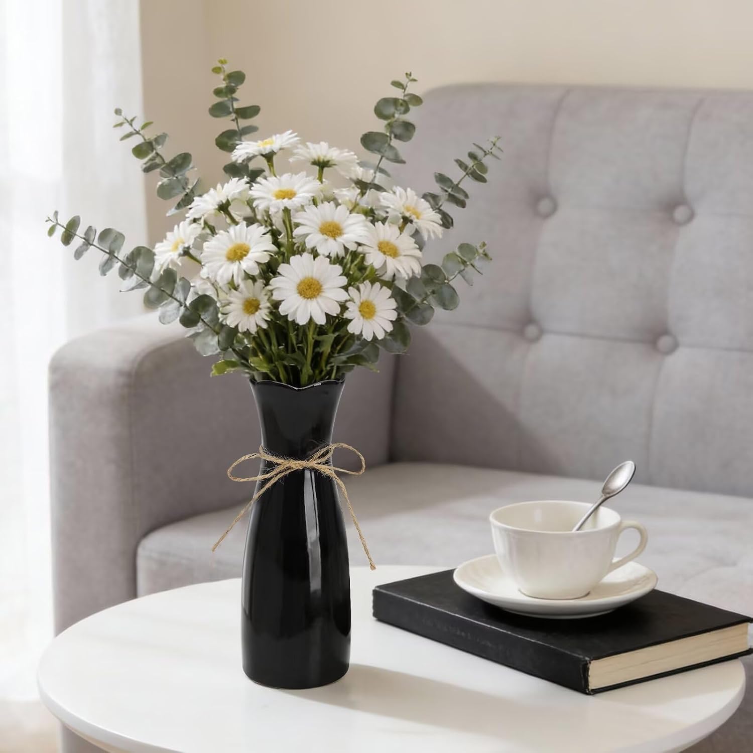 Small Vase Black Ceramic Jute Rope Simple Vases for Home Decor Minimalist Modern Flower Vase Elegant Decorative Glossy Vase for Pampas Grass, Office, Living Room, Mantel and Bedroom Décor