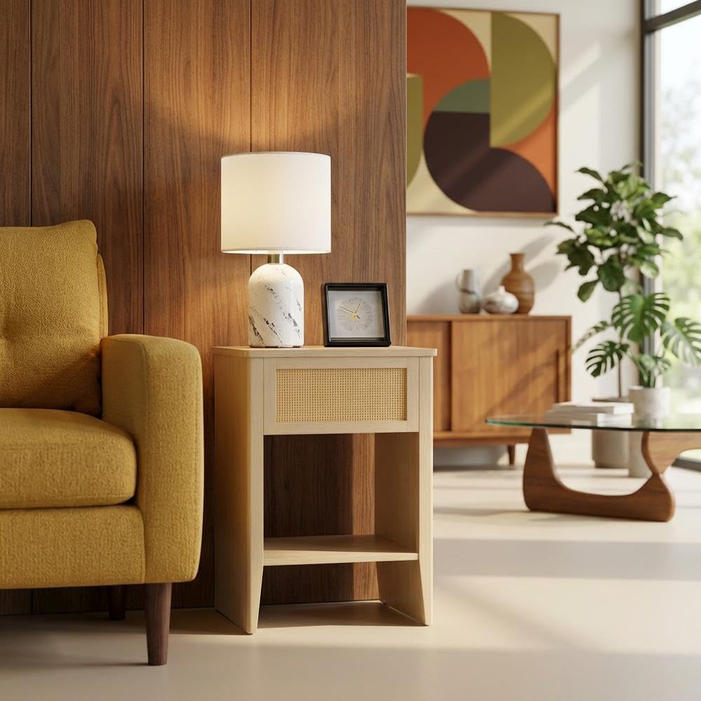 Furnifact Rattan Accent Side Table with Drawer Storage, Open Shelf, Modern Design, Home Decor for Living Room or Bedroom