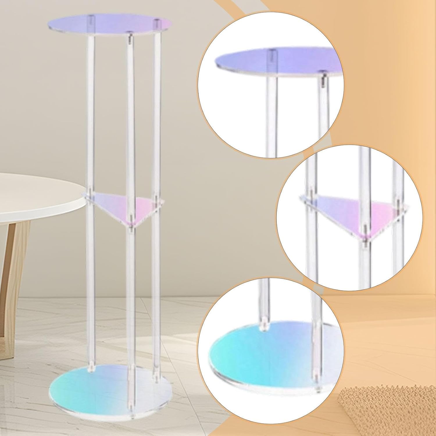Acrylic Side Table, 3-Tier Modern End Table 20x20x60cm (7.9x7.9x23.6in) for Bedroom, Living Room, Office, Balcony