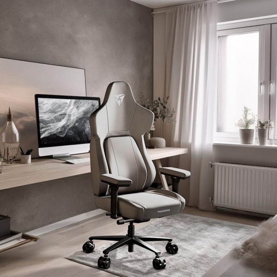 THUNDERX3 CORE Gaming Chair, for Adults Ergonomic Office Chair, High Back Desk Chair, Synchronous Tilt, Forward Tilt, 360° Self-adjusting Lumbar Support, Multipurpose Footrest, Fabric, Loft Light Grey