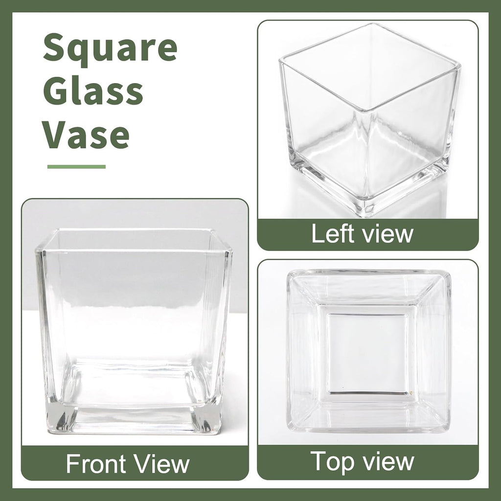 PINIWON 6 Pack Square Glass Vases 5 x 5 x 5 Inch, Clear Cube Flower Vases for Centerpieces, Candle Holders for Wedding Party Home Decor