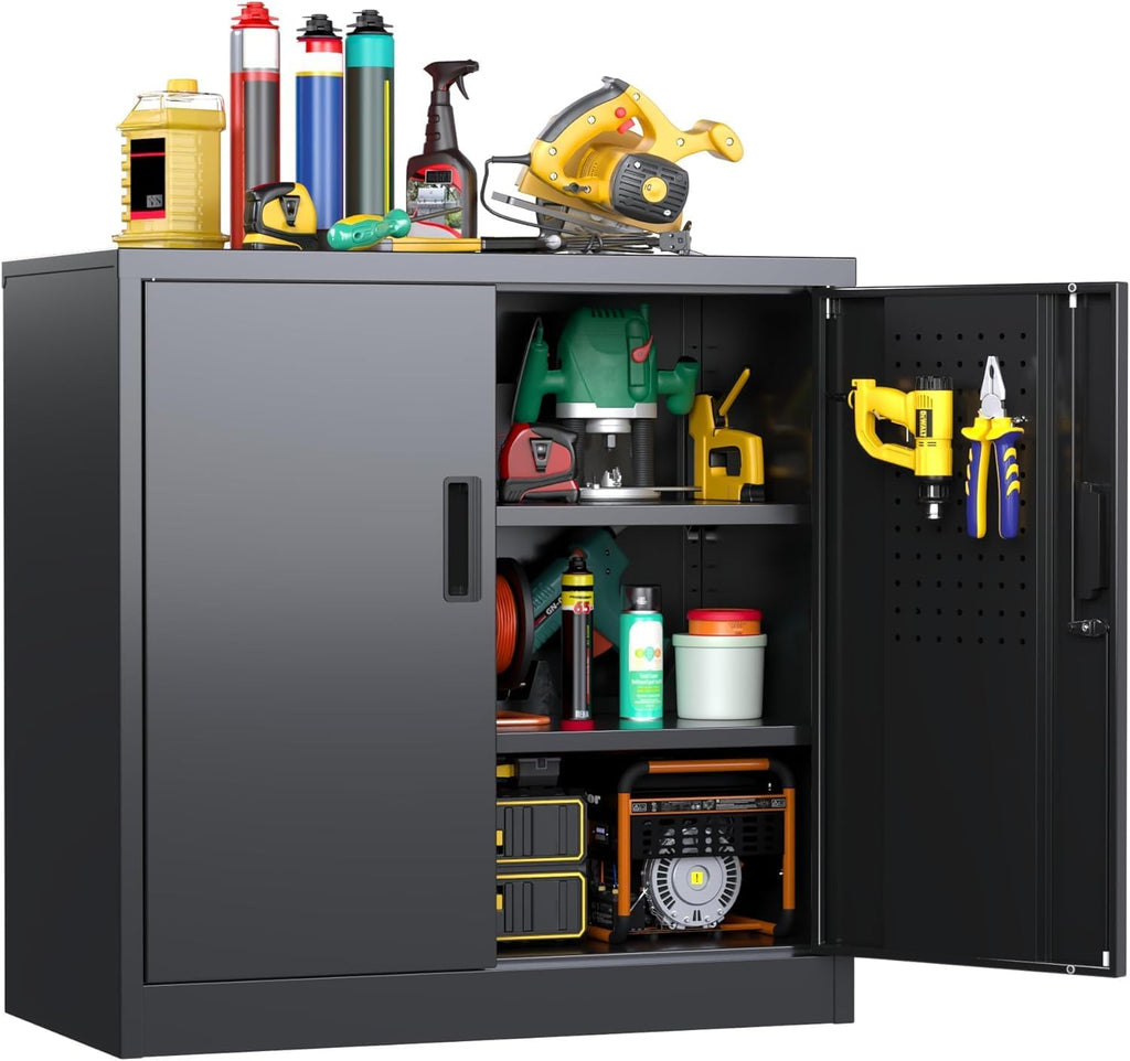 Metal Storage Cabinet with 2 Lockable Doors and 2 Adjustable Shelves, Locking Garage Storage Cabinet with Pegboard, Small Metal Cabinet with Lock for Garage, Home, Black, Assembly Required