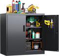 Metal Storage Cabinet with 2 Lockable Doors and 2 Adjustable Shelves, Locking Garage Storage Cabinet with Pegboard, Small Metal Cabinet with Lock for Garage, Home, Black, Assembly Required