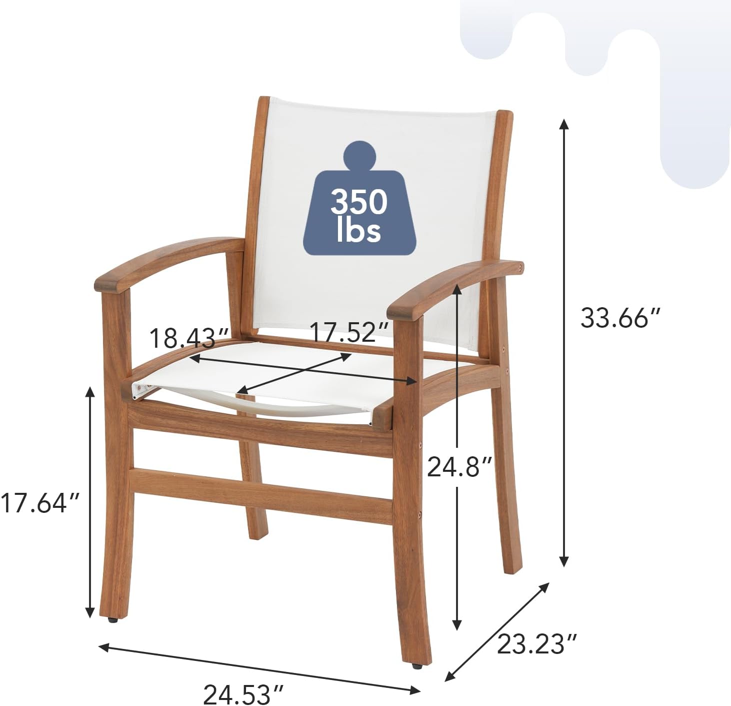 Acacia Wood Patio Dining Chairs Set (White, 8 Pieces) | Outdoor Chair Set with Breathable Textilene Fabric, Metal Support Bars, Curved Armrest, Supports 350lbs For Lawn, Garden