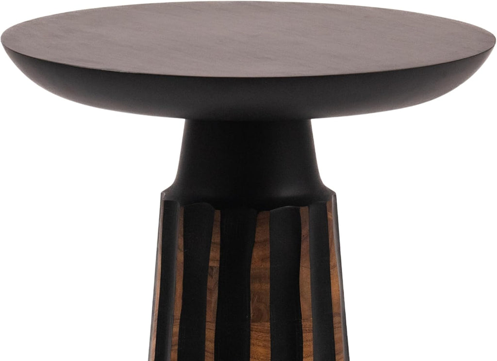 Modern Black & Walnut Wood Accent Table – Handcrafted Drum Pedestal Side Table for Living Room, Bedroom, or Office – Sleek Round Top with Textured Carved Base Black