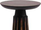 Modern Black & Walnut Wood Accent Table – Handcrafted Drum Pedestal Side Table for Living Room, Bedroom, or Office – Sleek Round Top with Textured Carved Base Black