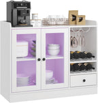 HedoAjim Wine Bar Cabinet with Tempered Acrylic Door & Rack, Freestanding Buffet Sideboard with Glass Holder, Coffee Bar Cabinet for Home Kitchen Living Dining Room, Drawers, Large, LED Lights(White)