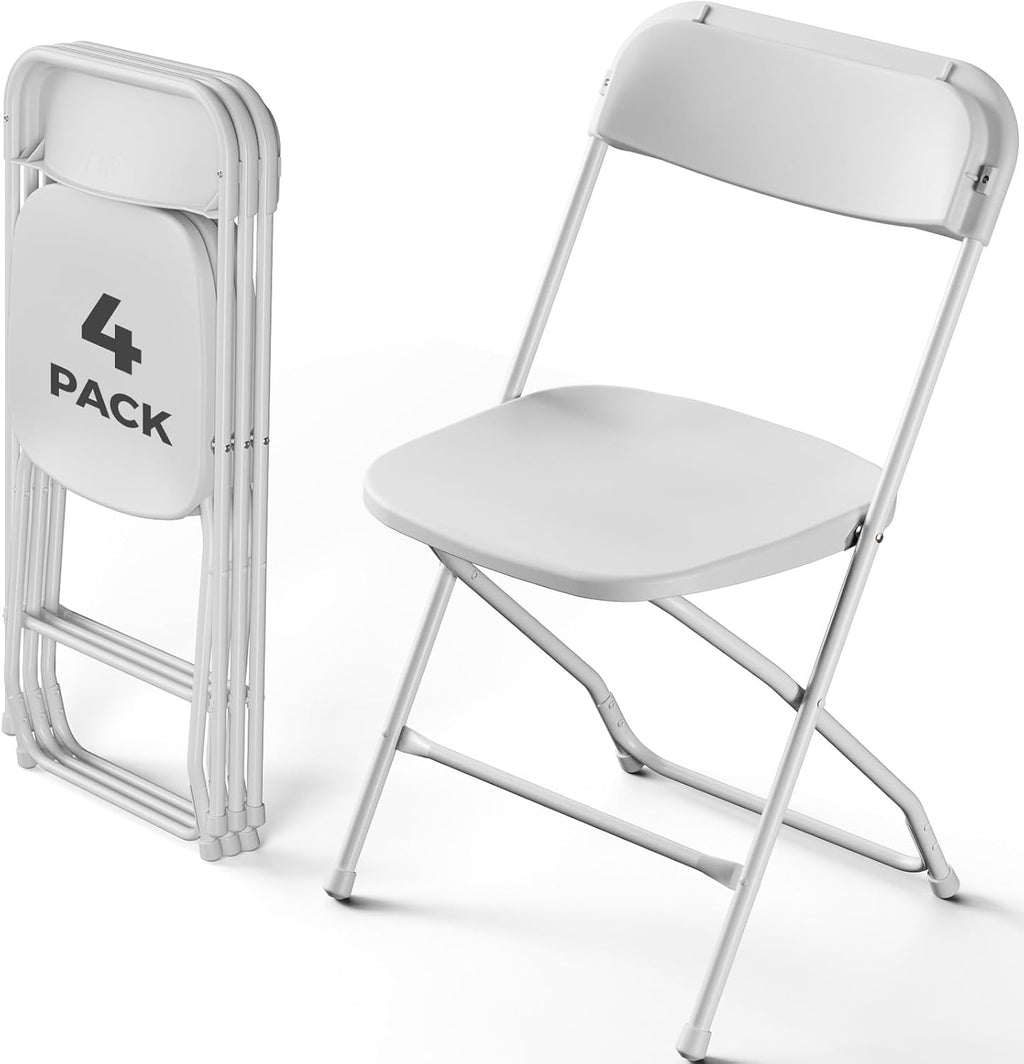 White Folding Chairs 4 Pack, Plastic Folding Chairs for Outside, Heavy Duty Foldable Chairs, Sturdy Metal Folding Chairs, 350 lbs Capacity, for Patio, Garden, Party