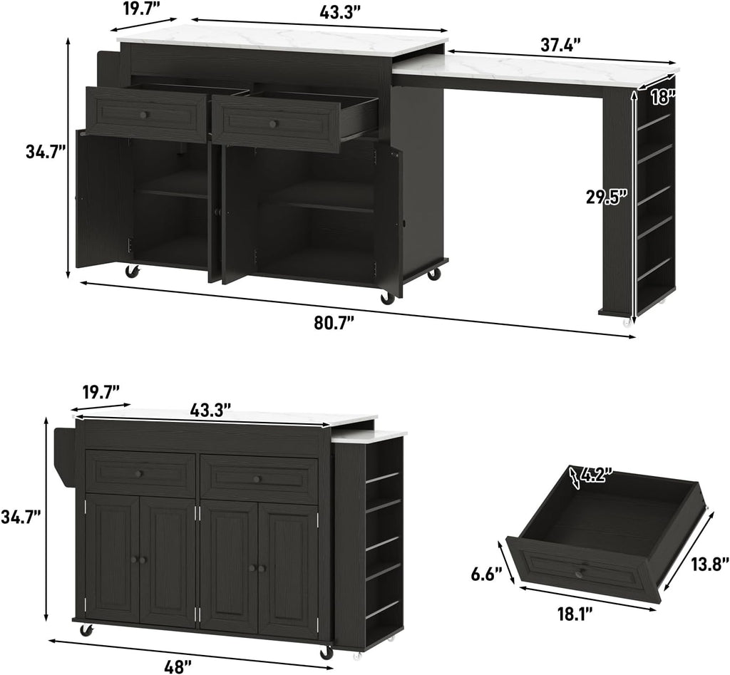 80"-48" Extendable Kitchen Island with Extended Dining Table and Power Outlet,Large Mobile Kitchen Storage Islands with 2 Storage Drawers,Rolling Islands Cart with 3 Extra Rows Open Shelves(Marble Bl)