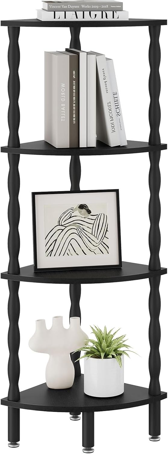 IBUYKE 4-Tier Corner Shelf,Stylish Corner Bookshelf for Small Spaces,Industrial Corner Storage Display Shelves,Small Corner Table for Bedroom,Bathroom,Kitchen, Black WBC019B