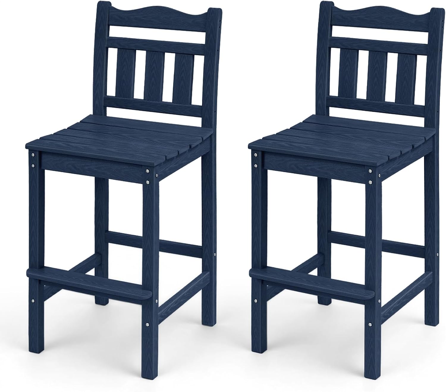 Outdoor Bar Stools Set of 2, HDPE Tall Adirondack Bar Chairs 27.5 Inch Seat Height w/Backrest, All Weather Patio Bar Height Chairs for Bistro Balcony Deck Poolside (Navy Blue)