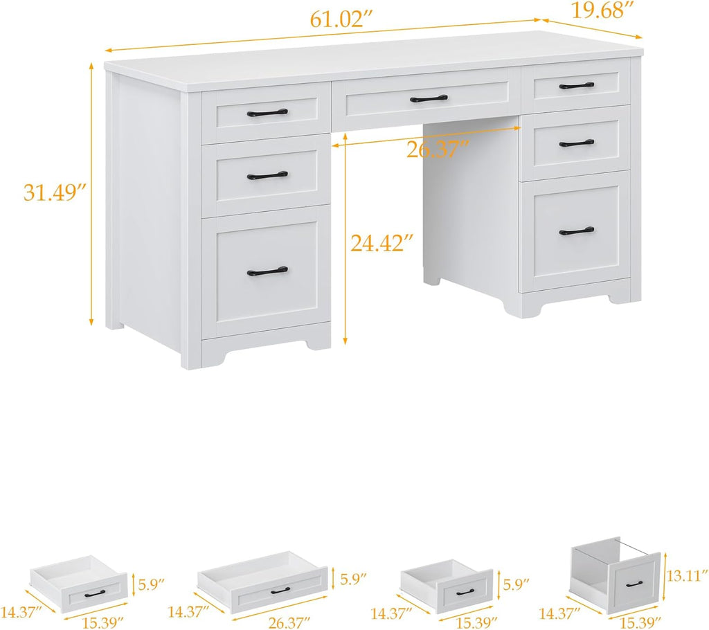 Vabches Farmhouse 61'' Executive Desk with 7 Drawers, Rustic Office Desk Computer Table with File Drawers, Wood Workstation for Home Office and Study,Cream White