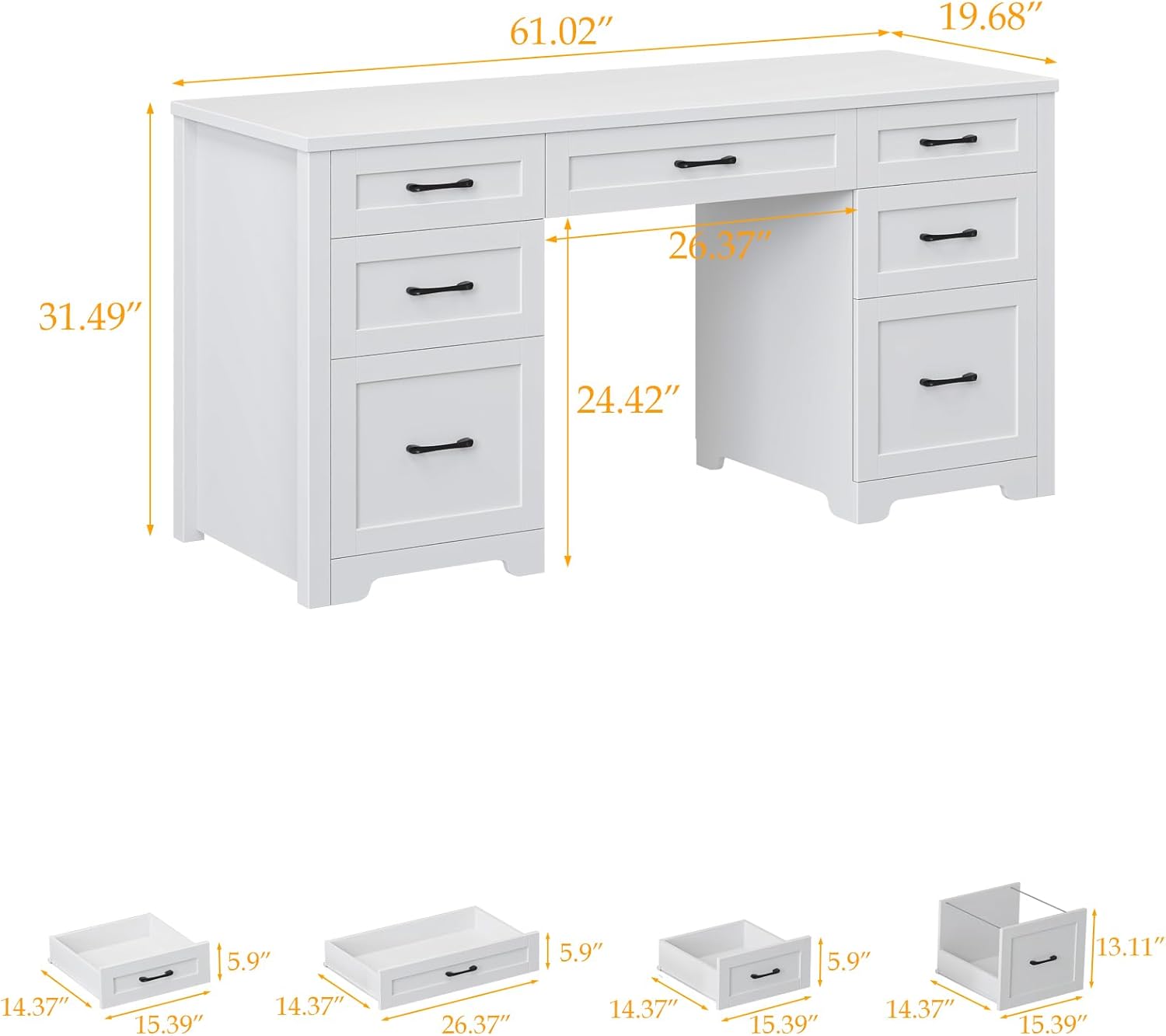 Vabches Farmhouse 61'' Executive Desk with 7 Drawers, Rustic Office Desk Computer Table with File Drawers, Wood Workstation for Home Office and Study,Cream White
