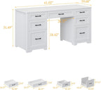 Vabches Farmhouse 61'' Executive Desk with 7 Drawers, Rustic Office Desk Computer Table with File Drawers, Wood Workstation for Home Office and Study,Cream White