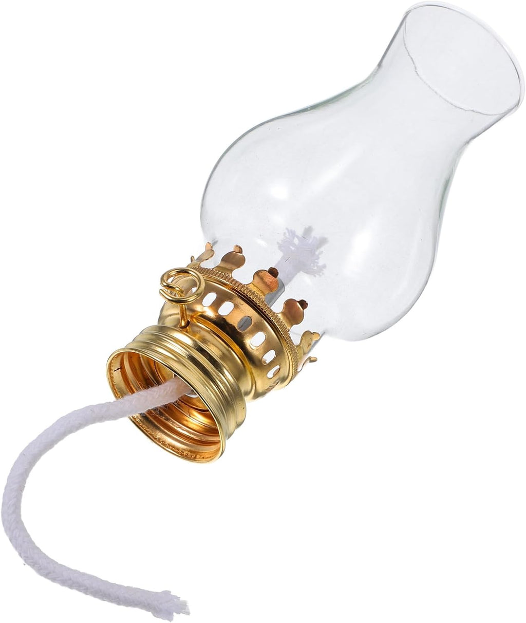 TIDTALEO Vintage Glass Oil Lamp Chimney Replacement with Metal Wick Adjuster, Kerosene Lantern Globe Accessory, Gold Tone, Suitable for Indoor Use and Camping –