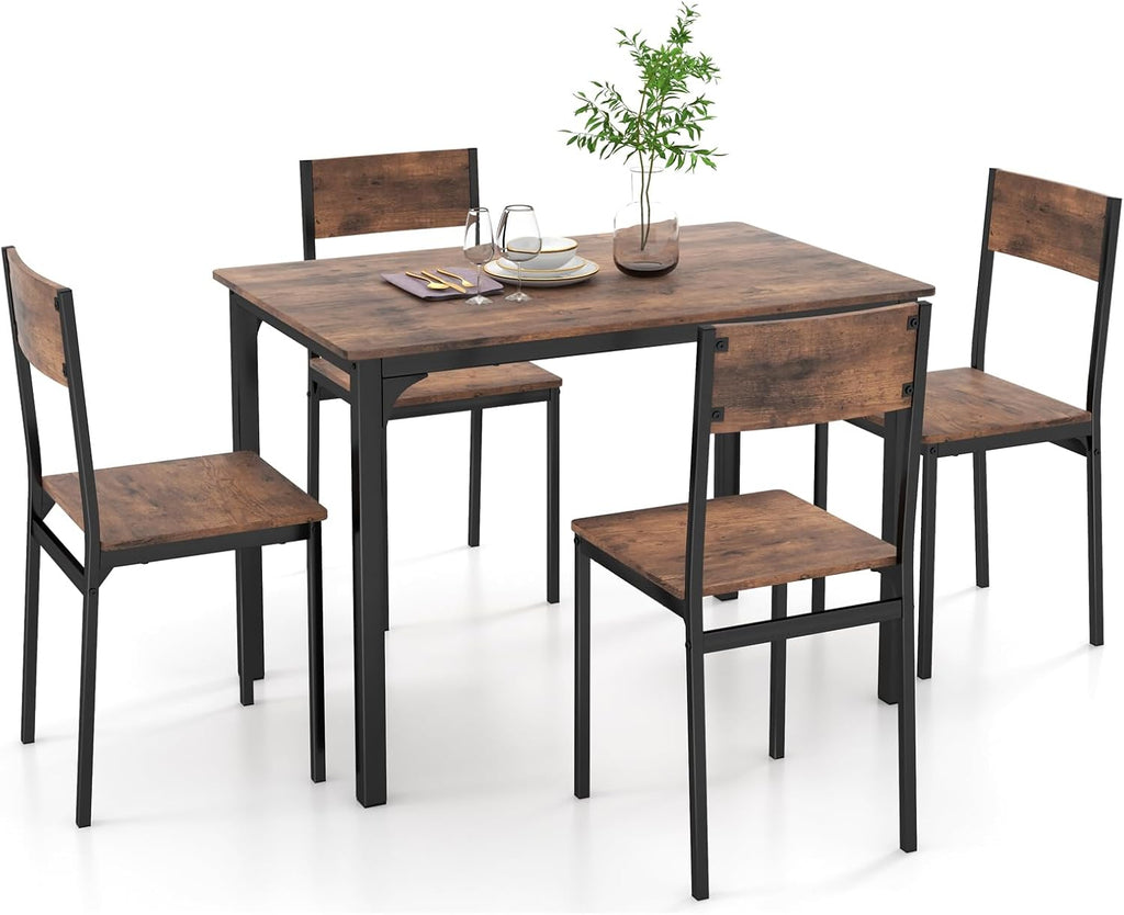 GOFLAME 5-Piece Dining Table Set, Industrial Kitchen Table and Chairs for 4 with Backrest and Metal Frame, Rectangular Space-Saving Dinette Set for Dining Room, Apartment, Small Space, Rustic Brown