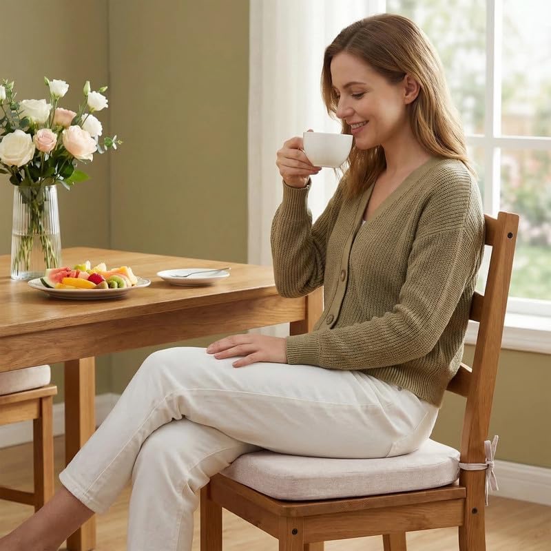Chair Cushions Set of 4, D-Shaped Seat Cushion for Chair, Non Slip Chair Pads with Ties, 18" x 16" x 2", 40D Foam, Removable Washable Cover, Seat Cushions for Kitchen Chairs, Beige