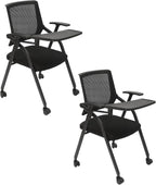 Foldable Conference Room Chair Office Guest Chairs and Reception Chairs with Wheels,Mesh Back Guest Reception Chair Foldable Desk Chair for Home Office,Black (2 PCS with Tablet)