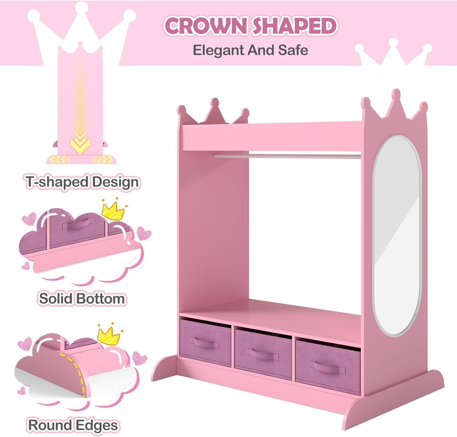 COSVALVE Kids Dress Up Storage with Mirror and Drawers, Kid Armoire Dresser, Pretend Storage Closet for Kids, Costume Wardrobe with Top Shelf for Playroom Bedroom, Lovely Pink