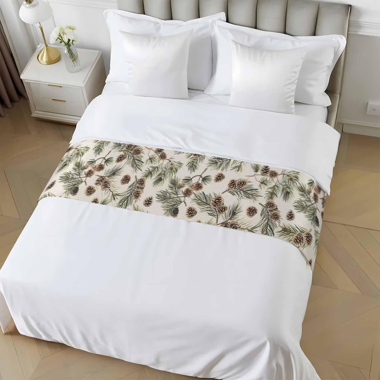 Yukro Brown Pine Cones Bed Runner Scarf, Green Leaves Branch Vintage Linen Twin Bed Scarf Runner, No Fading Decorative Bedding Scarf for Bedroom Hotels Homes and Guestrooms