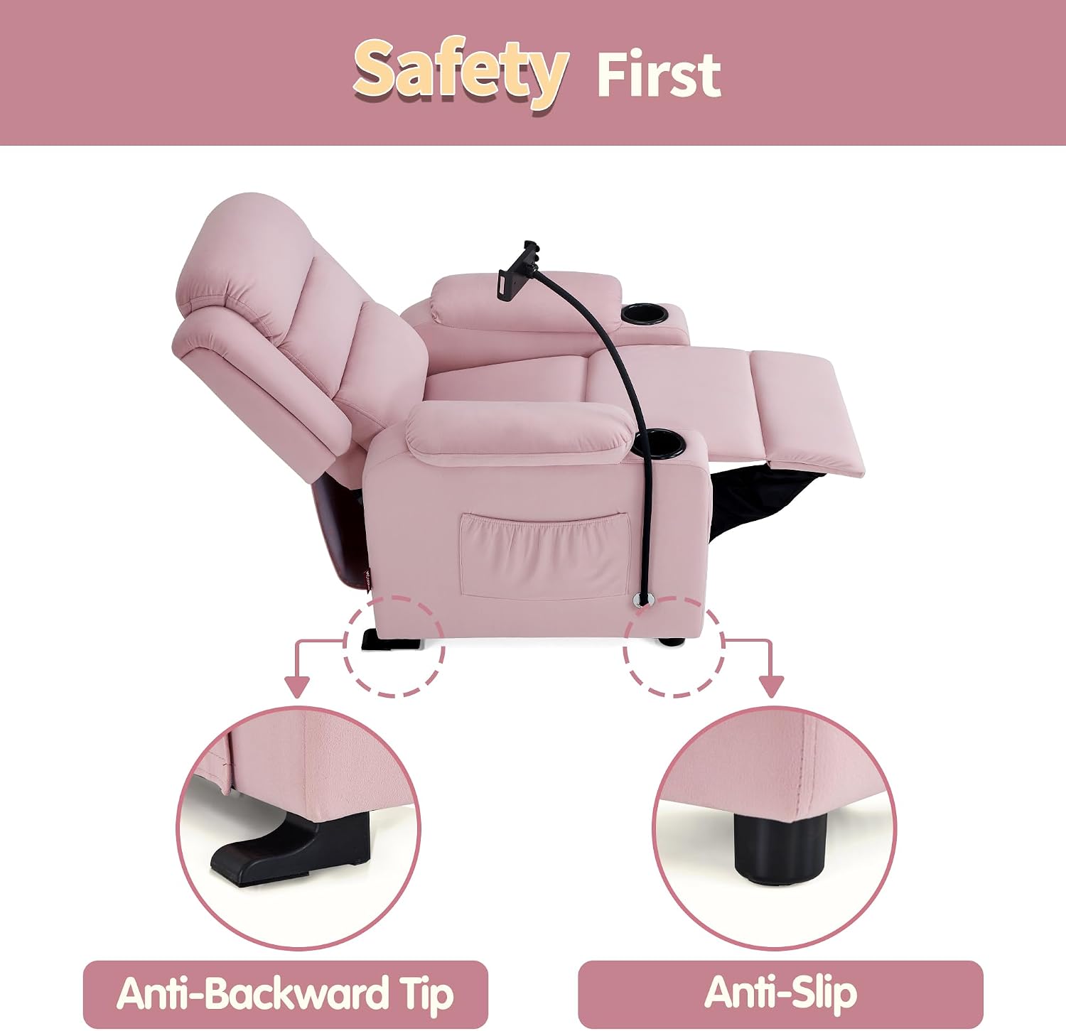 MCombo Bigger Kids Recliner for Ages 5+, Teens Recliner with iPad Stand, Child Reclining Chair with Cup Holders (Pink)