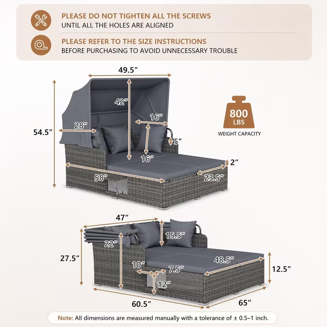 RELAX4LIFE Patio Outdoor Daybed with Canopy, Wicker Rattan Sunbed w/Cushions, 4 Pillows & 2 Retractable Side Trays, 2-Person Lounge Bed Conversation for Poolside Porch Garden (Gray-Grey)