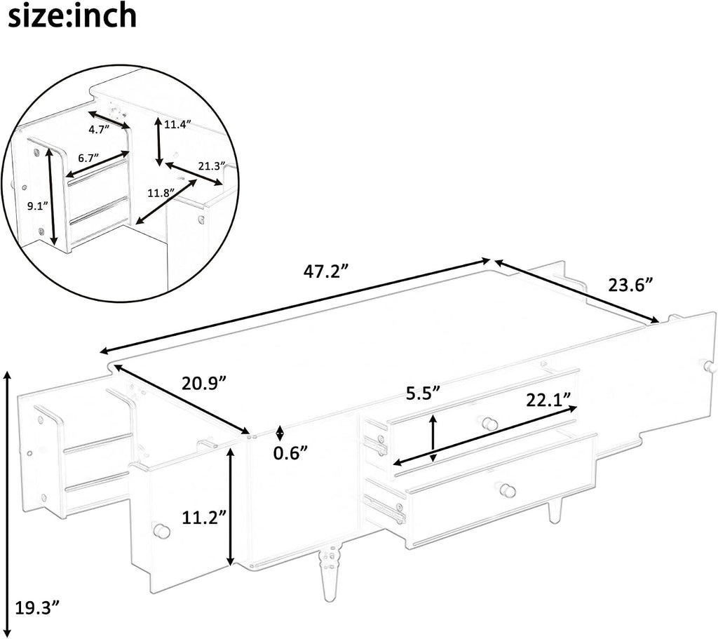 Modern Coffee Table with 4 Drawers, Hidden Side Table Compartments, Interior Shelves, Solid Wood Legs & Durable MDF Structure, End Table for Living Room, Kitchen, Dining Room & Bedroom, Easy Assembly