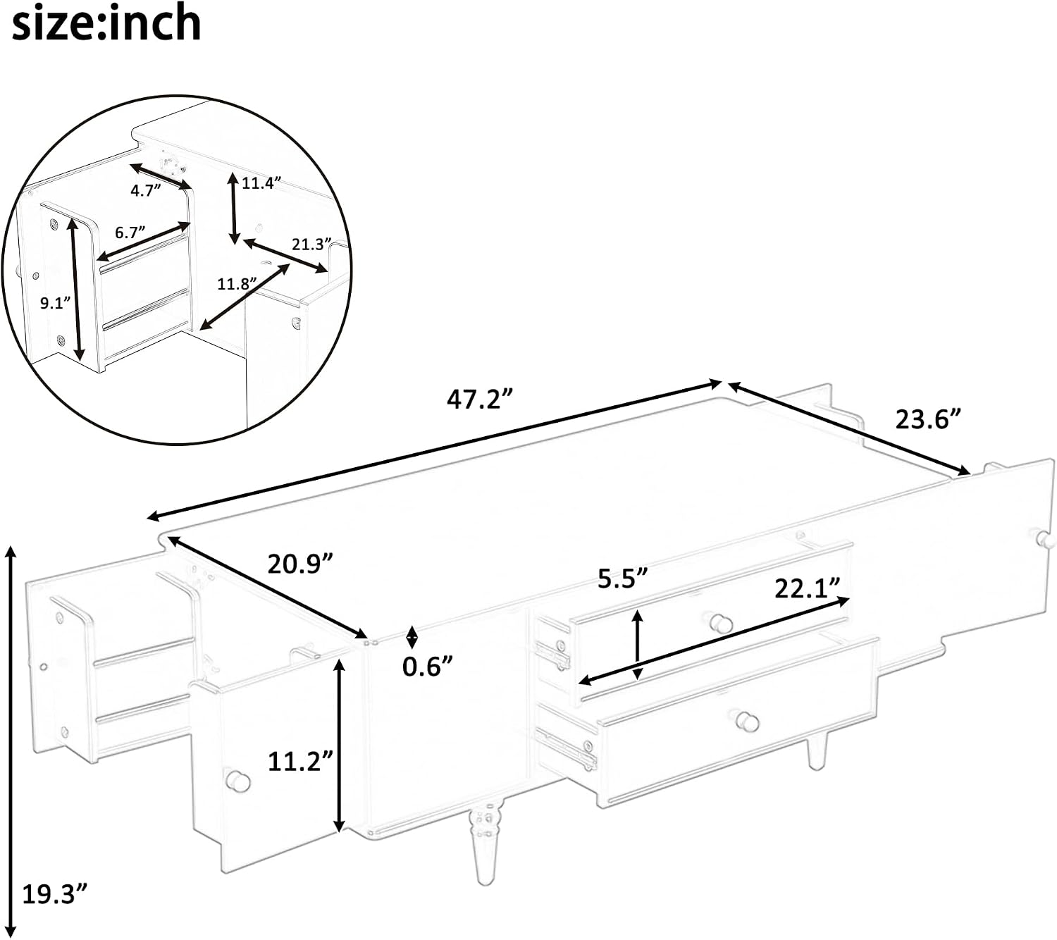 Modern Coffee Table with 4 Drawers, Hidden Side Table Compartments, Interior Shelves, Solid Wood Legs & Durable MDF Structure, End Table for Living Room, Kitchen, Dining Room & Bedroom, Easy Assembly