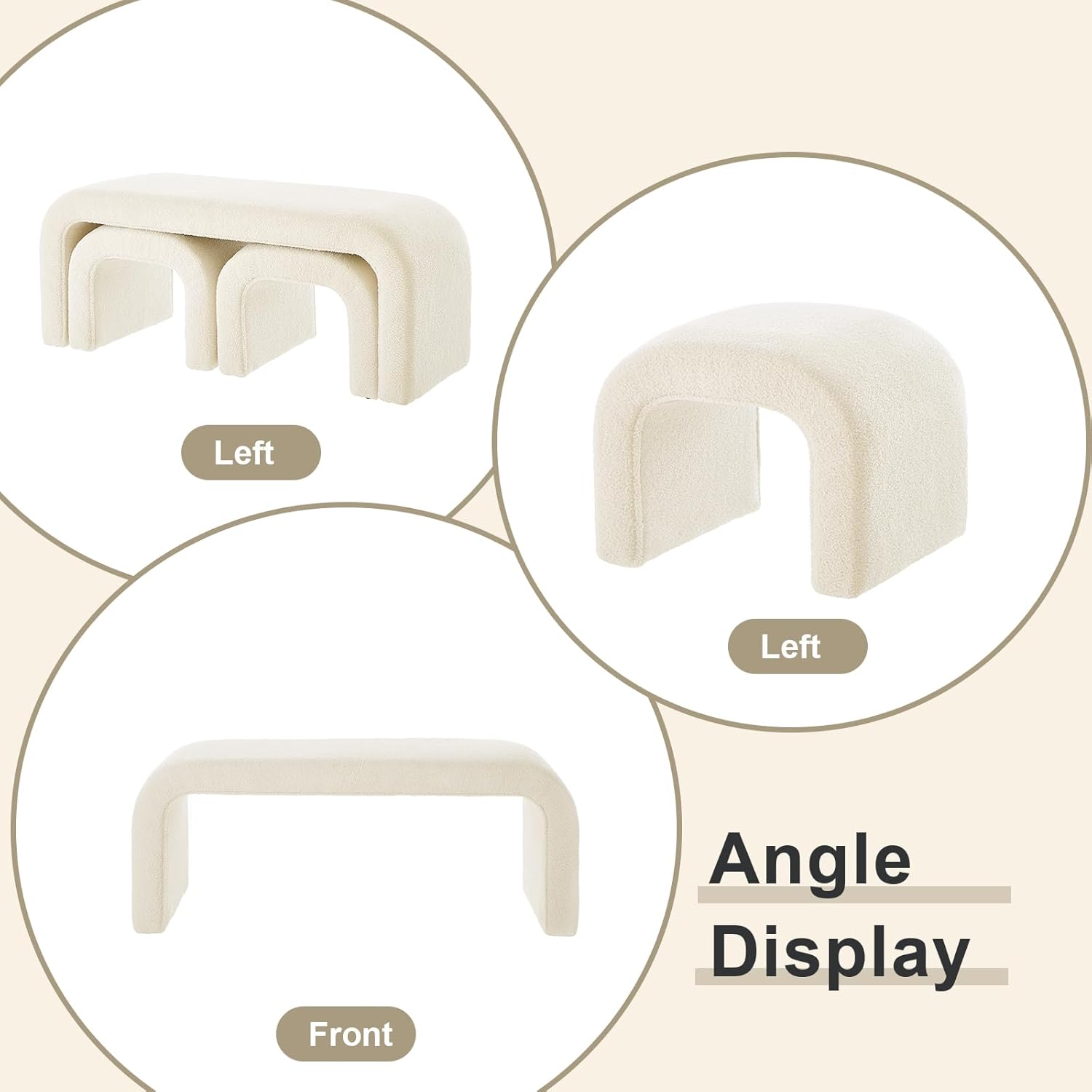 3-Piece Modern Ottoman Bench Set, 44" Wide Teddy Upholstered End of Bed Bench with 2 Foot Stools, Padded U-Shaped Entry Bench Vanity Stool for Living Room Bedroom (Cream)
