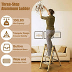 hismocal Foldable 3 Step Stool Ladder for Closet/Kitchen - Aluminium Gold Step Ladder, 330lbs Lightweight with Anti-Slip Wide Pedal, Portable for Kids/Adults