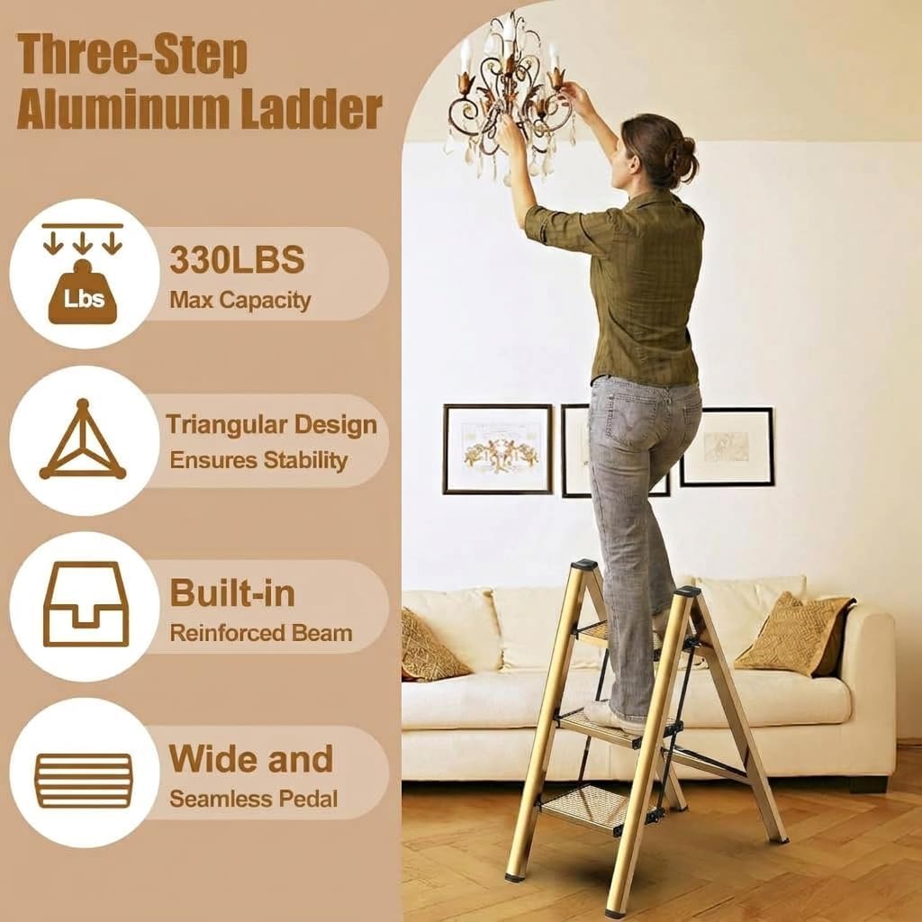hismocal Foldable 3 Step Stool Ladder for Closet/Kitchen - Aluminium Gold Step Ladder, 330lbs Lightweight with Anti-Slip Wide Pedal, Portable for Kids/Adults