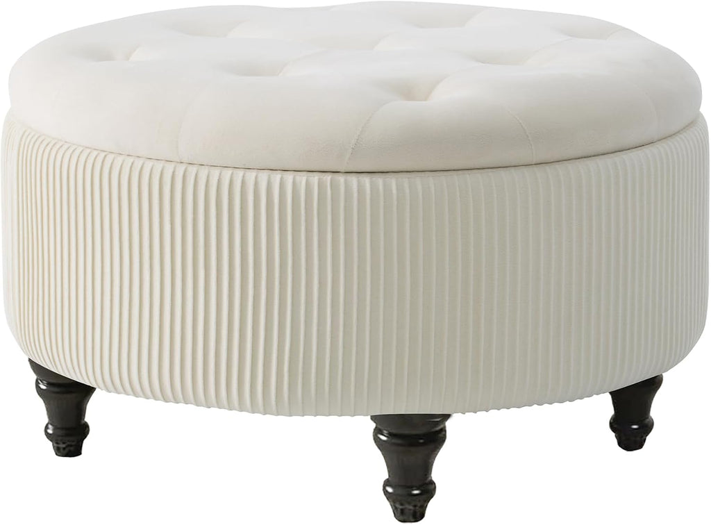4-in-1 24Inch Round Storage Ottoman, Modern Tufted Fabric Circle Storage Coffee Table with Removable Lid, Upholstered Storage Ottoman with Tray for Living Room (Off White)