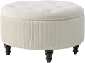 4-in-1 24Inch Round Storage Ottoman, Modern Tufted Fabric Circle Storage Coffee Table with Removable Lid, Upholstered Storage Ottoman with Tray for Living Room (Off White)