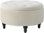 4-in-1 24Inch Round Storage Ottoman, Modern Tufted Fabric Circle Storage Coffee Table with Removable Lid, Upholstered Storage Ottoman with Tray for Living Room (Off White)