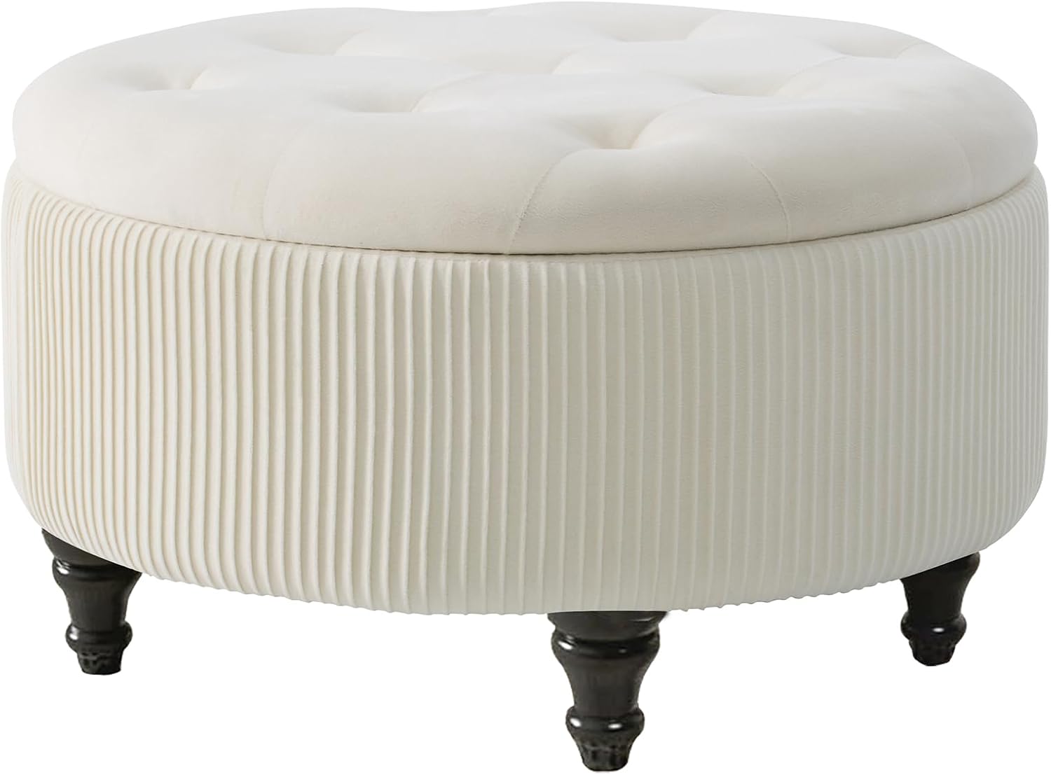 4-in-1 24Inch Round Storage Ottoman, Modern Tufted Fabric Circle Storage Coffee Table with Removable Lid, Upholstered Storage Ottoman with Tray for Living Room (Off White)