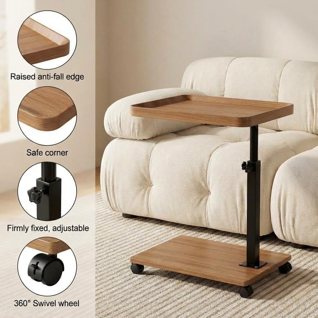 C Shaped End Table with Natural Wood Top & Wheels, Adjustable Height Side Table That Slides Under Couch, Modern Laptop & TV Tray for Sofa, Bed